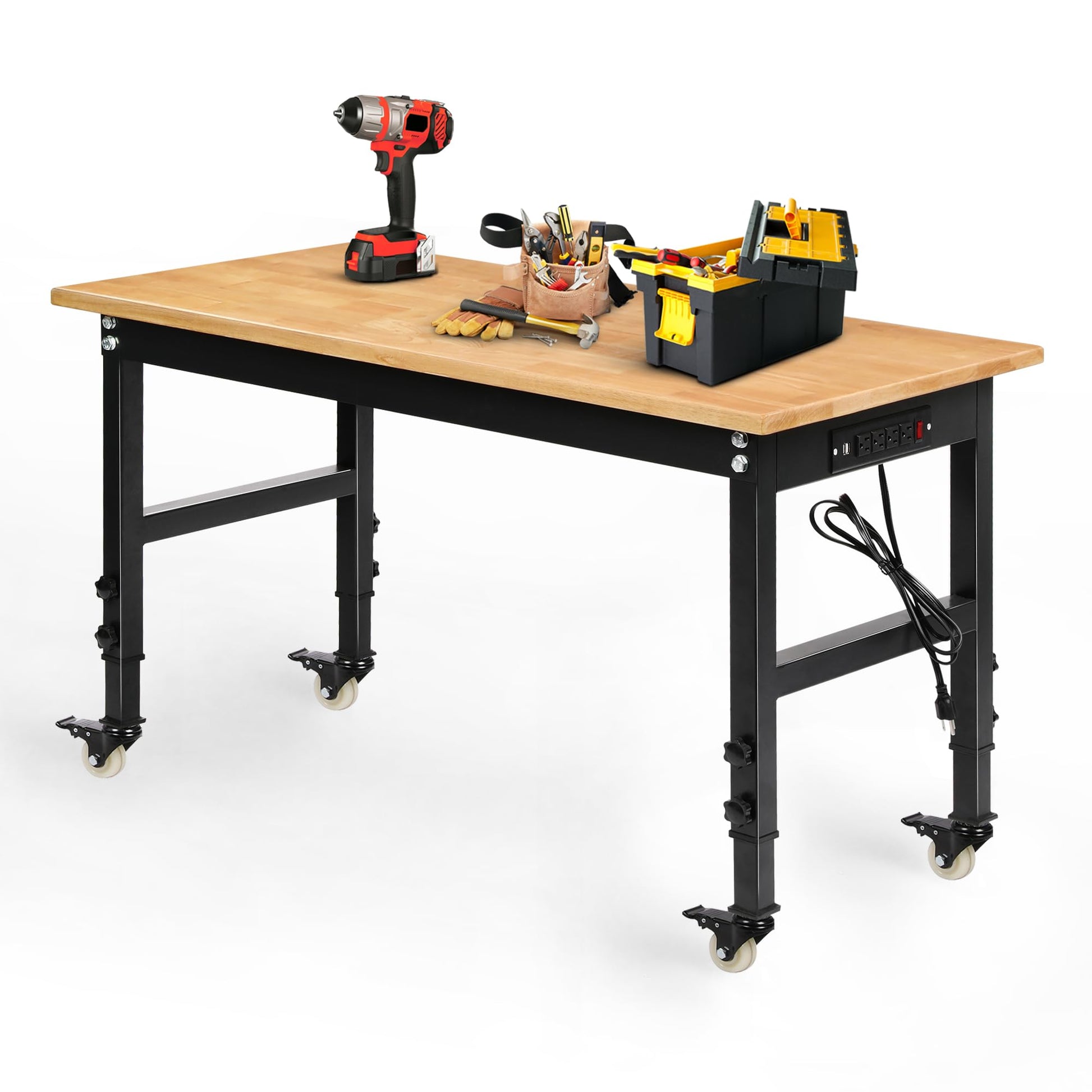 Betterhood 48" Adjustable Workbench for Garage, Rubber Wood Heavy Duty Workstation with Power Outlets & Wheels, 2000 LBS Load Capacity Hardwood Worktable for Workshop, Garage, Office, Home, C - WoodArtSupply