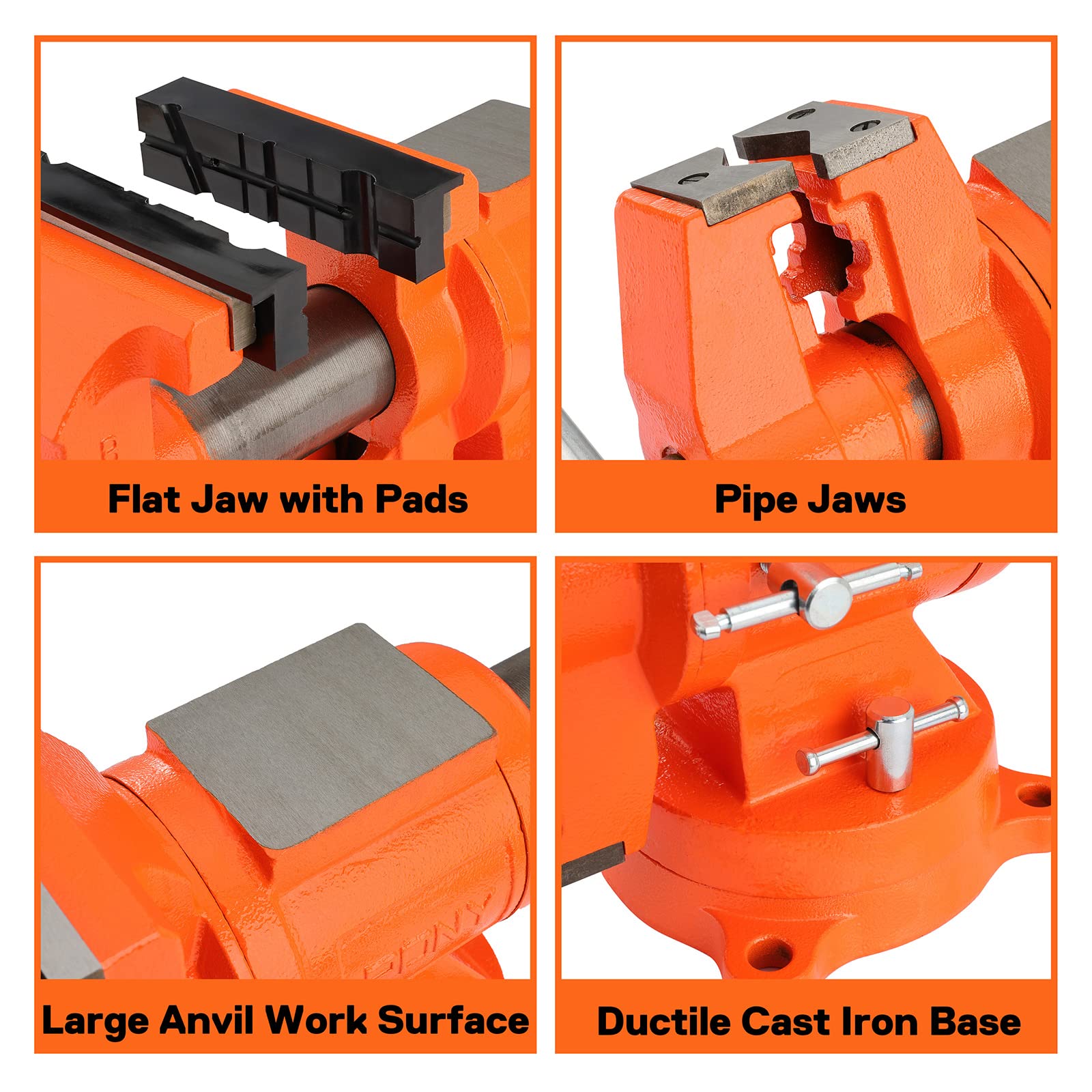 PONY Heavy Duty Bench Vise, 5-inch Jaw Width 5-inch Jaw Opening, 360-Degree Swivel Base with Anvil, Utility Combination Pipe Home Vise for Woodworking, One-Pair Vise Jaw Pad Included - WoodArtSupply