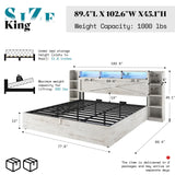AMERLIFE King Size Lift Up Storage Bed Frame, 45.1" LED Bed Frame with 2 Side Shelves & Bookcase Headboard, Farmhouse Wood Platform Bed with Charging Station, No Box Spring Needed, Distressed White AMERLIFE