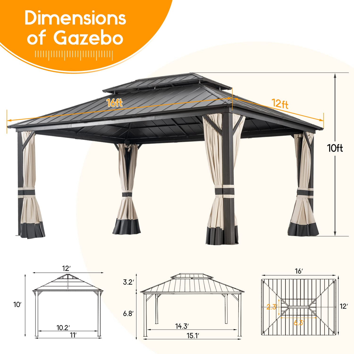 Warmally 12' x 16' Hardtop Gazebo, Outdoor Permanent Gazebo with Galvanized Steel Double Roof Canopy, Aluminum Frame Pavilion with Netting and Curtains for Patio, Deck, Backyard, Lawn and Gardens Warmally