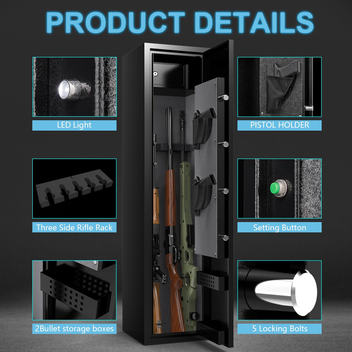 HEANVO 4-6 Rifle Safe, Large Gun Safe for Home Rifles and Pistols, Gun Cabinet for Rifles and Shotguns with Drawer, Gun Cabinets with LED Lights and Double Alarm System HEANVO