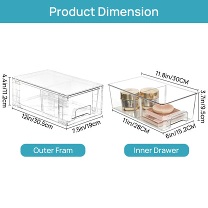 4 Pack Stackable Storage Drawers,Clear Acrylic Drawer Organizers with Handles, Easily Assemble for Fridge, Bathroom,Kitchen Undersink,Cabinet,Pantry Organization and Storage