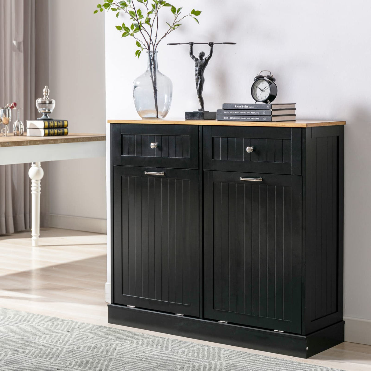 Double Trash Cabinet Tilt Out 20 Gallon, Pet Proof Kitchen Trash Cabinet Laundry Hamper with Cutting Board, Wood Garbage Recycling Station Hideaway Trash Holder Drawers (Black) Gitua
