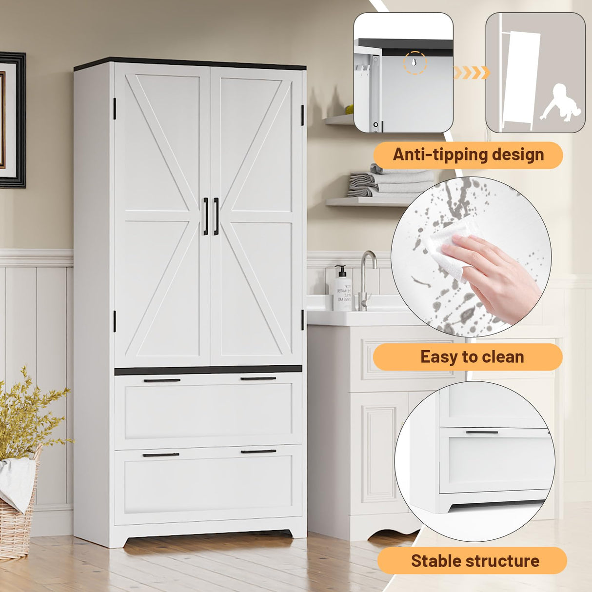 Eltean 71" Kitchen Pantry Storage Cabinet,Farmhouse Storage Cabinet with 2 Adjustable Shelves and 2 Drawers,Barn Doors Metal Storage Cabinets for Kitchen,Dining Room,Living Room Eltean