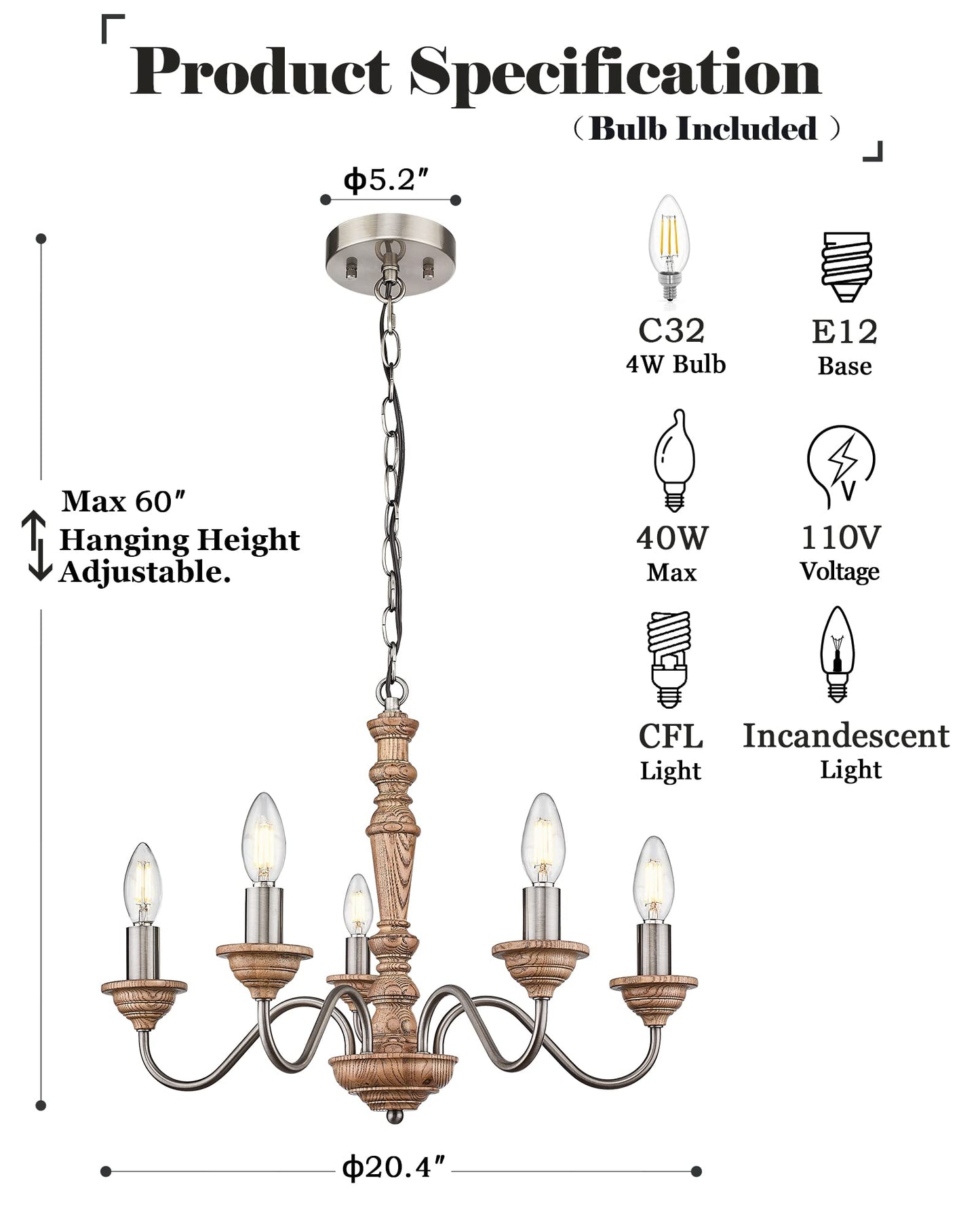 ELYONA 5-Light Chandelier for Dining Room, Handmade Manchurian Ash Wood Vintage Pendant Light Fixture for Farmhouse Kitchen, Living Room, Foyer, LED Bulb Included, Brown