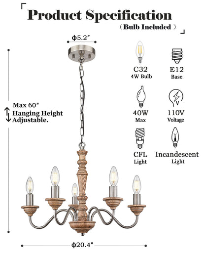 ELYONA 5-Light Chandelier for Dining Room, Handmade Manchurian Ash Wood Vintage Pendant Light Fixture for Farmhouse Kitchen, Living Room, Foyer, LED Bulb Included, Brown