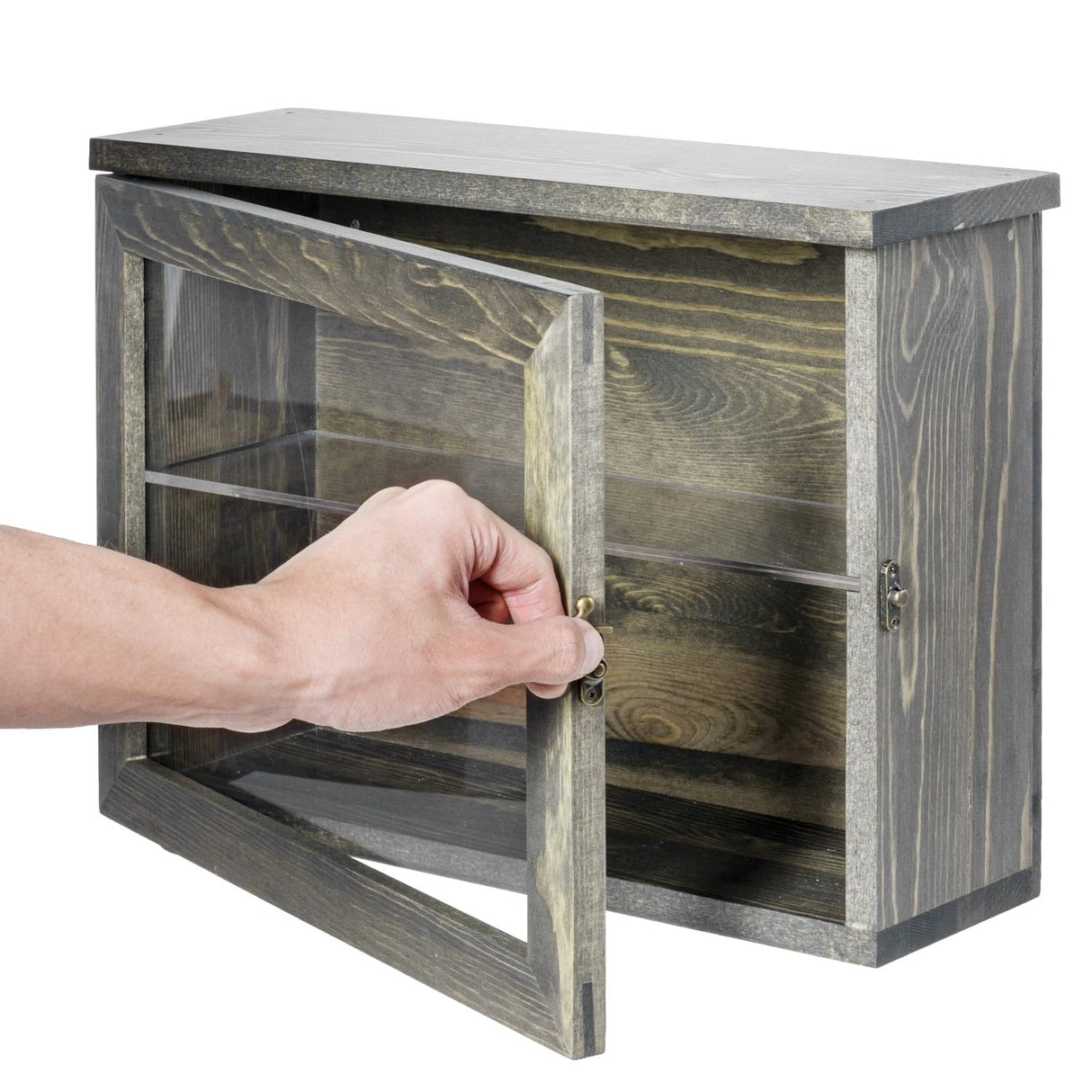 MyGift 15 x 11 inch Wall Mounted Vintage Gray Solid Wood Display Case, Hanging Shadow Box with Clear Viewing Panel on Hinged Door, Metal Latch and MyGift