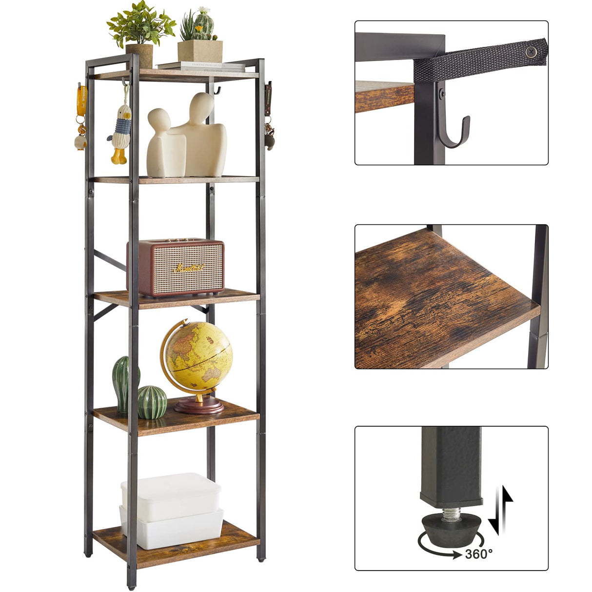 YMYNY Bookshelf, 5-Tier Ladder Shelf Organizer, Narrow Shelving Unit, Corner Storage Racks, Large Capacity Bookcase, for Home Office Living Room Balcony Bathroom, 57.7" H, Metal Frame,UHBC005H YMYNY