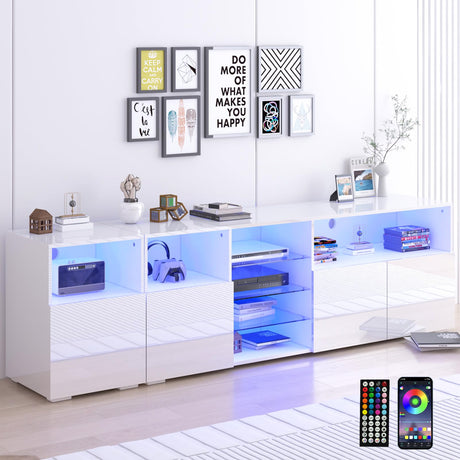 Hlivelood LED TV Stand for 85/75/65 Inch TV, High Glossy Modern TV Console Entertainment Center with Storage and LED Lights for Living Room, Bedroom, White Hlivelood