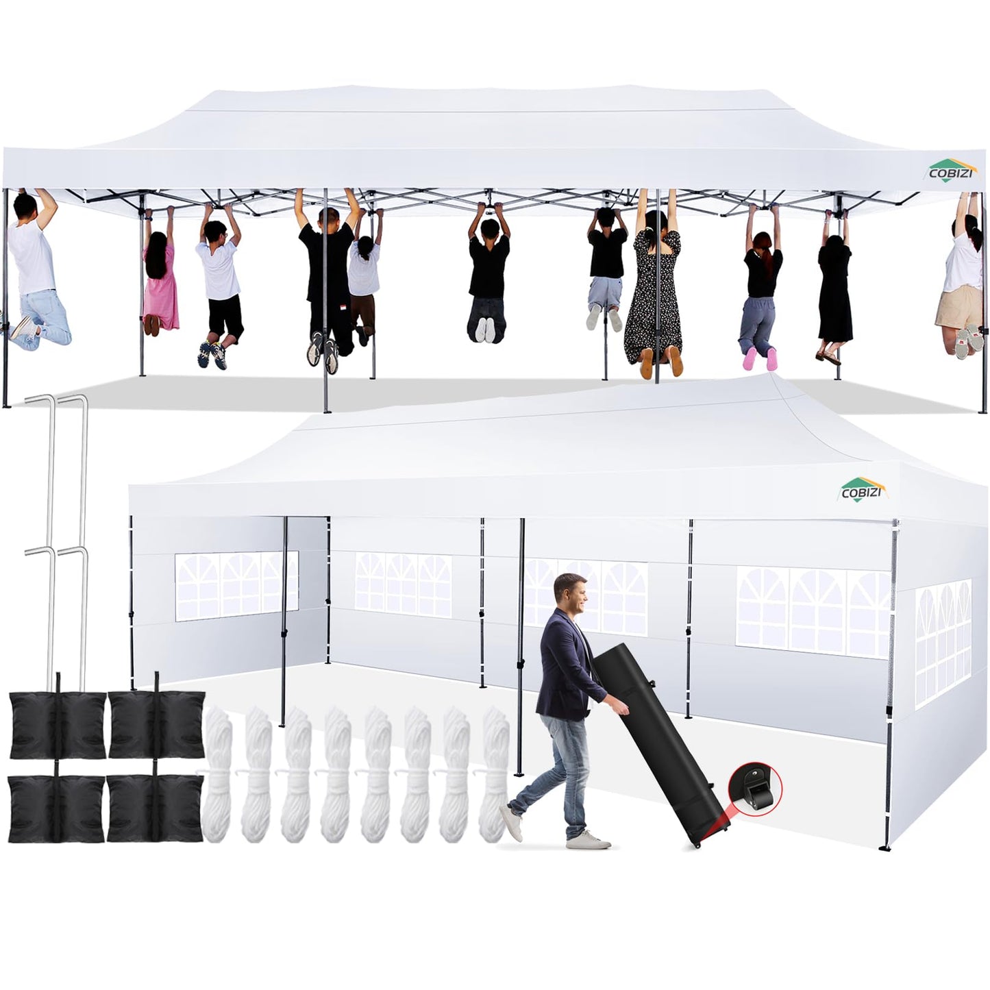 COBIZI 10x30 Pop up Canopy Tent 10x30 Canopy with 8 Sidewalls Waterproof Heavy Duty Commercial Canopy Tent for Parties Outdoor Tent Garden Gazebo Tent, Carry Bag with Wheel(10x30ft, White) - WoodArtSupply