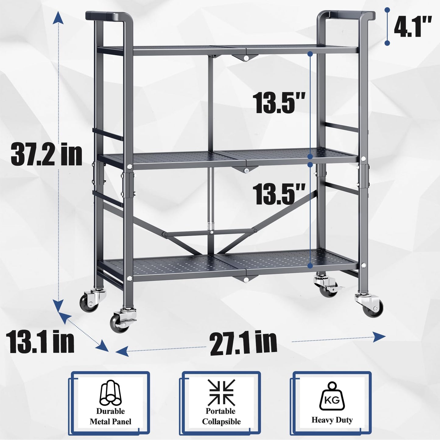 3 Tier Rolling Utility Foldable Cart - Metal Folding Cart with Wheels, Collapsible Service Cart Storage Shelf Rack for Kitchen Office Garage Plant Outdoor cart, Gray