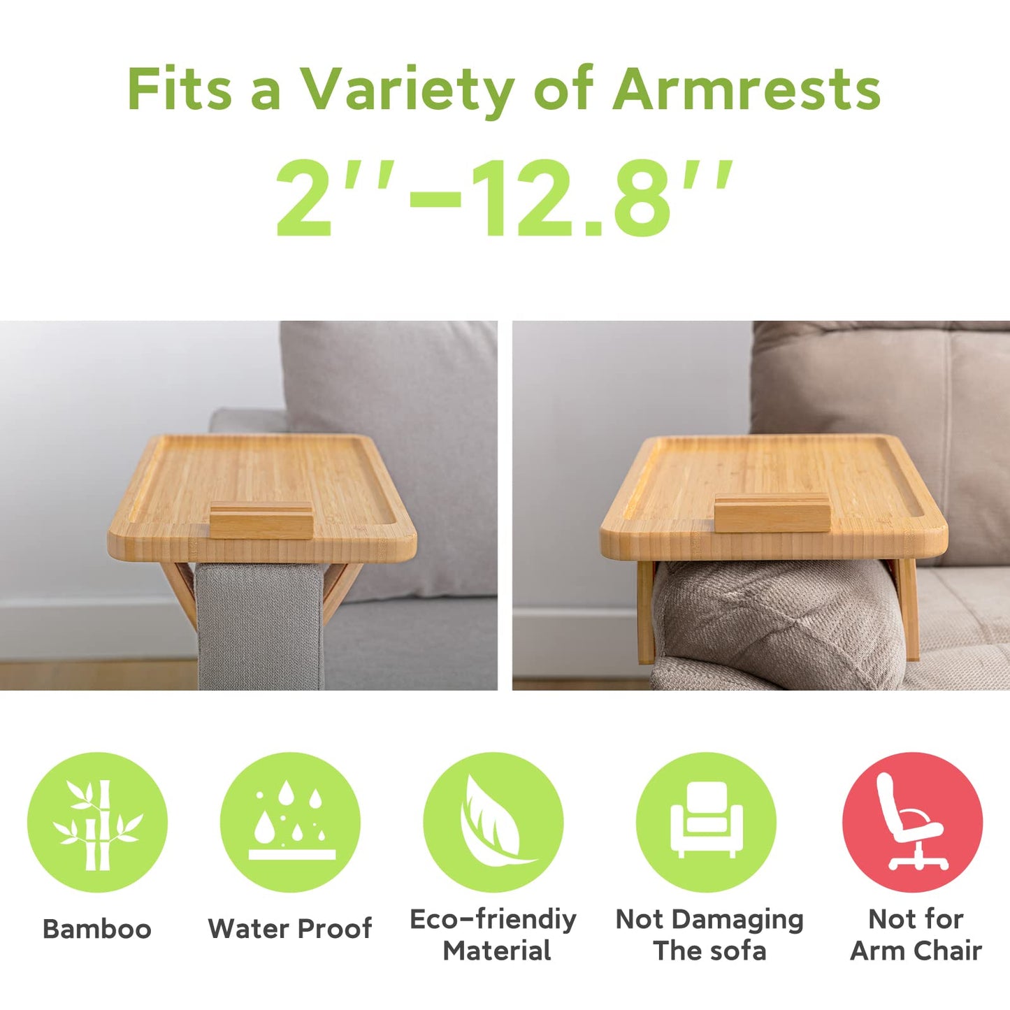 SINWANT Bamboo Sofa Clip on Side Table for Wide Couches Arm, Foldable Couch Tray with 360° Rotating Phone Holder, Armrest Table for Eating/Drinks/Snacks/Remote/Control - WoodArtSupply