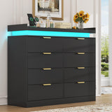 UNIQUITE 8 Drawer Dresser for Bedroom, Black Dresser with LED Lights and Power Outlet, Wooden Dressers Chests of Drawers, Double Wide Dressers for Bedroom, Entryway, Hallway UNIQUITE