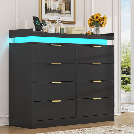 UNIQUITE 8 Drawer Dresser for Bedroom, Black Dresser with LED Lights and Power Outlet, Wooden Dressers Chests of Drawers, Double Wide Dressers for Bedroom, Entryway, Hallway UNIQUITE