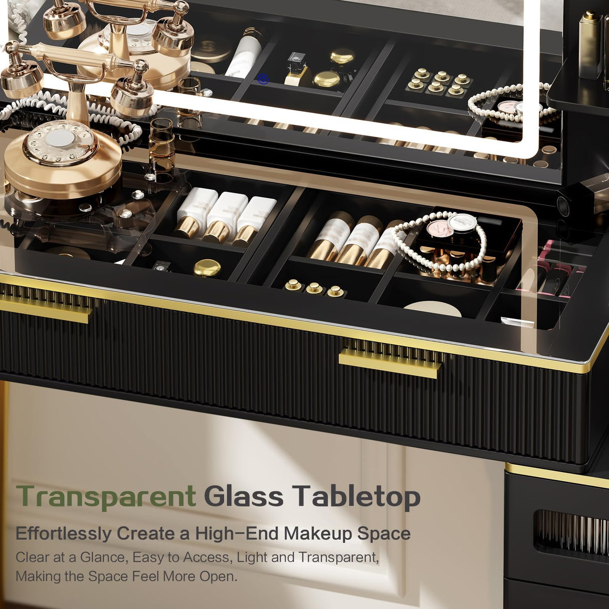 Chrangmay 47.24" Big Modern Vanity Desk with Mirror and Lights,Makeup Vanity Desk with 5 Drawers and Storage Shelves & Power Outlet,Dressing Table with Glass Top, Black Chrangmay