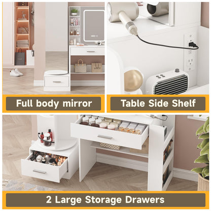 White Vanity Desk with Full Length Mirror and Lights Mirror Makeup Vanity Table with 2 Large Storage Drawers Dressing Table for Bedroom with Power Outlet,Charging Station,Hooks Hidden,Shelves,White