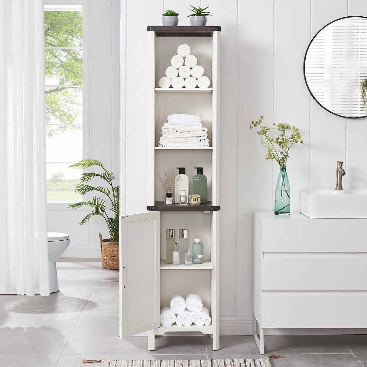 Minifeel Bathroom Storage Cabinet, 5-Shelf Farmhouse Storage Cabinet with Barn Door&Adjustable Shelves, Bathroom Organizer for Living Room, Kitchen (Antique White) Minifeel