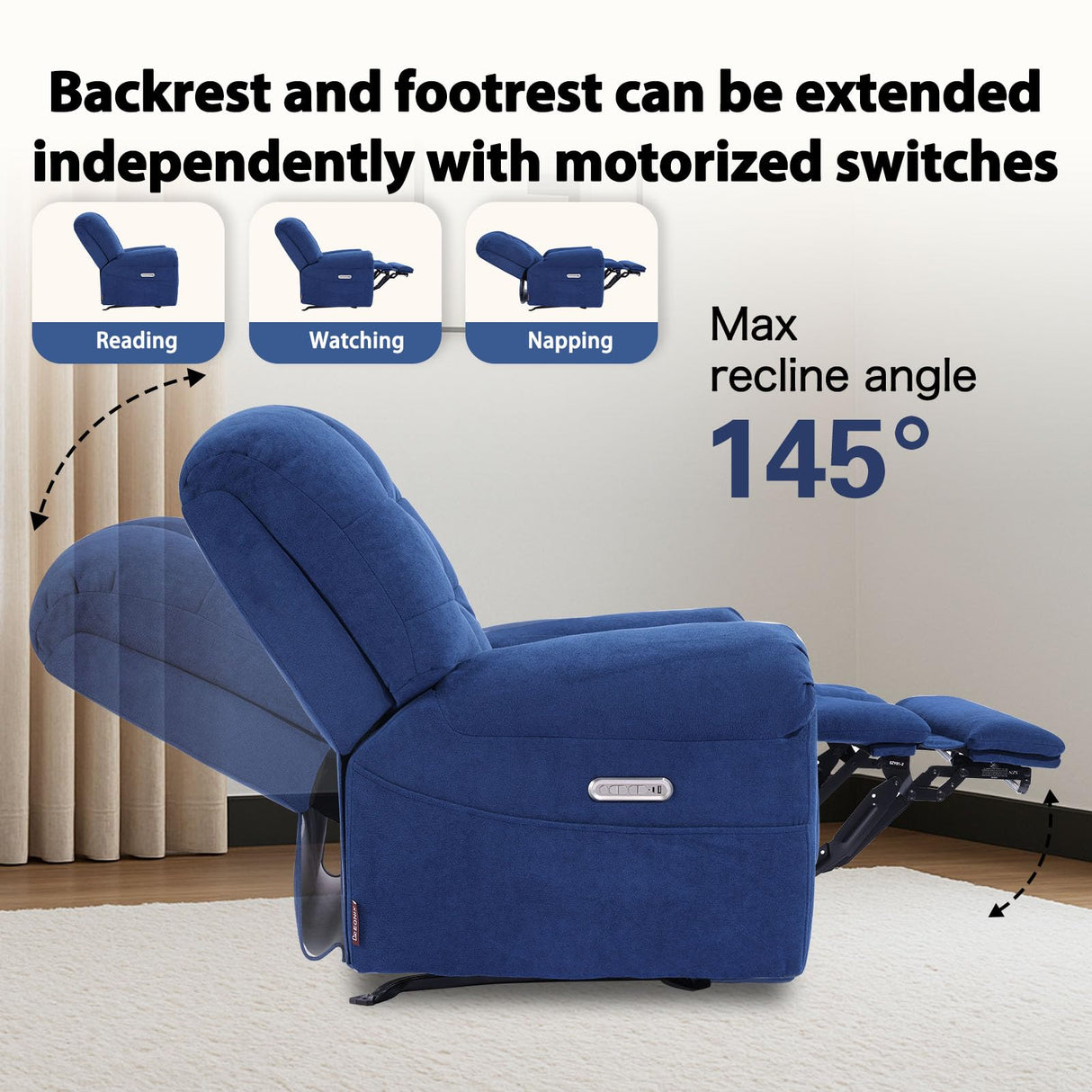 EONIX Power Rocker Recliner Chair, Lazy Boy Recliner Rocking Chair for Adults and Nursery, Electric Recliner Chair with Heat and Massage for Living Room, Bedroom, Study Room, Relaxation, Navy Blue EONIX