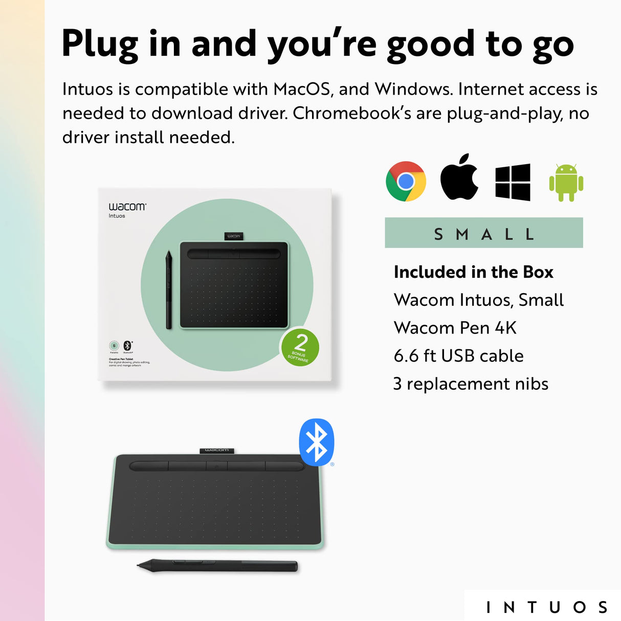 Wacom Intuos Small Bluetooth Graphics Drawing Tablet, Portable for Teachers, Students and Creators, 4 Customizable ExpressKeys, Compatible with Chromebook Mac OS Android and Windows - Pistachio Wacom