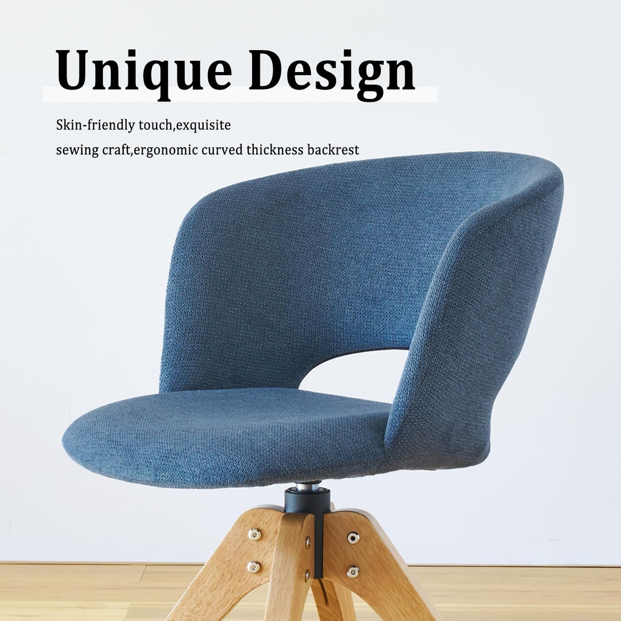 GrandNoor Mid Century Modern Swivel Accent Chair with Solid Wood Legs, Home Office Desk Chair No Wheels, Makeup Chair for Vanity, Upholstered Chair for Bedroom, Blue GrandNoor