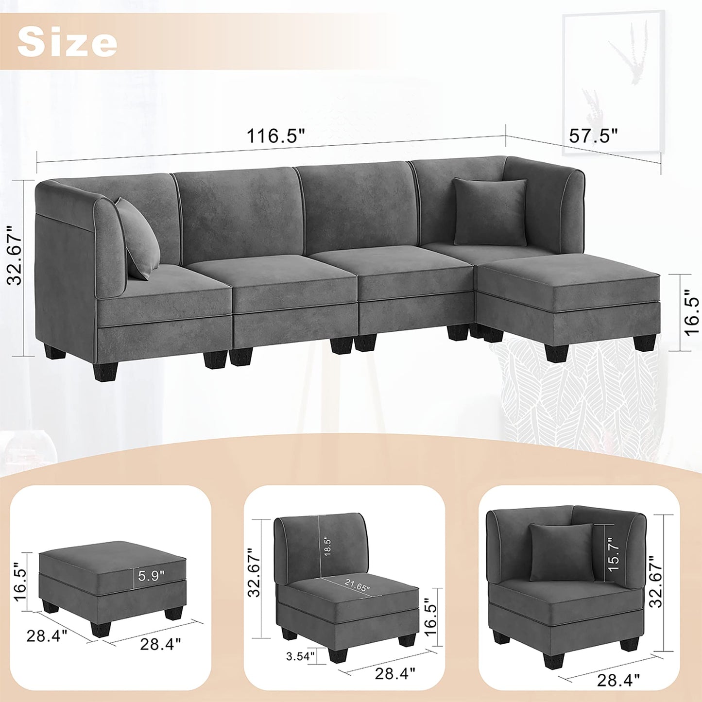 Vongrasig 5 Pieces Sectional Couch Modular Sofa with Reversible Chaise 116" Velvet L-Shaped Couch Sofa 4-seat Modular Large Sectional Couch with Ottoman for Living Room, Upholstered Cushion (Grey)