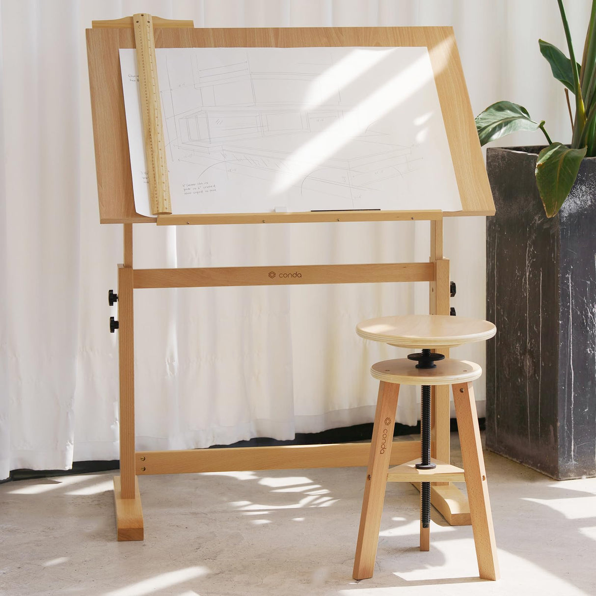 conda Wood Adjustable Drafting Table 35.5" x 23.5" - Beech Wood Art Desk with Adjustable Height & Tilting, Pencil Ledge, and Ruler for Writing, Reading, Design, and Crafting conda