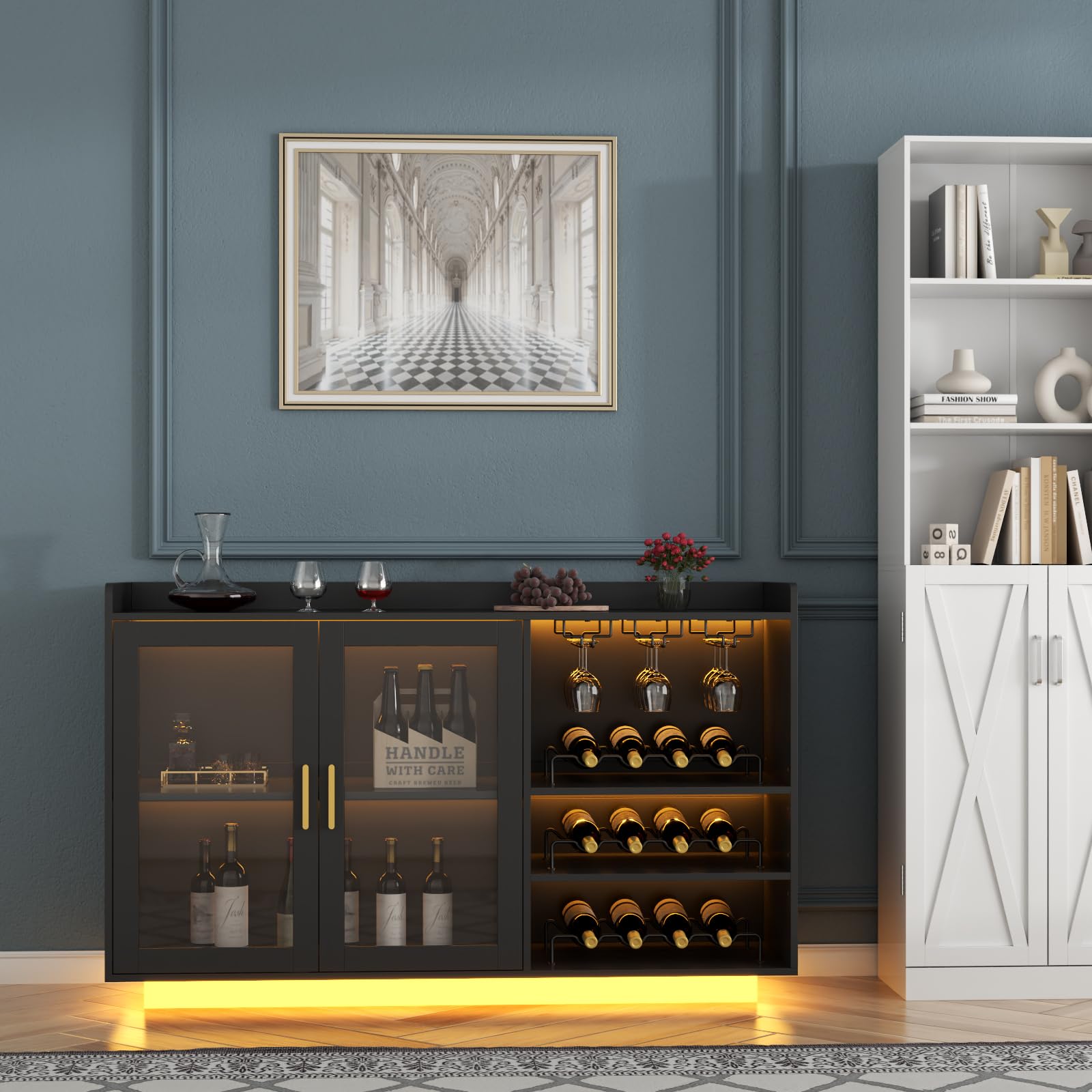 Loomie Wine Bar Cabinet with LED Lights, Floating Coffee Bar with Glass Rack and Removable Wine Racks, Modern Buffet Sideboard with Storage Shelves, Kithchen Bar with Glass Cabinet Doors, Bla - WoodArtSupply