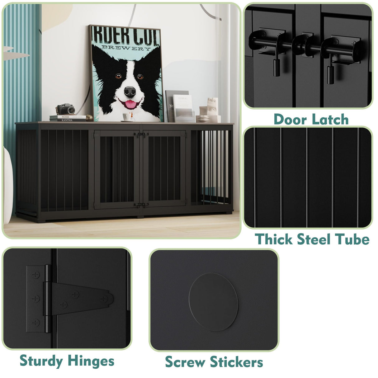 Timechee Dog Cage Furniture, 70" Furniture Dog Crate, Modern Furniture Style Dog Crate with Divider and 2 Trays, Multi-Functional Dog House for Medium Dog, Indoor Double Crate for 2 Dogs, Black Timechee