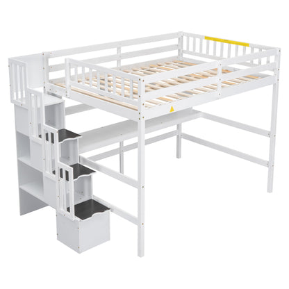 Full Size White Loft Bed with Desk, Storage Stairs & Guardrails for Kids and Teens - WoodArtSupply