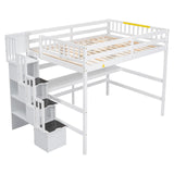 Full Size Loft Bed with Desk and Storage Shelves,Solid Wood Loft Bed Frame with Storage Staircase,High Loft Bed Full Size with Stair for Kids,Teens, Adults,White Bellemave