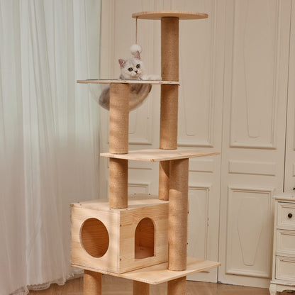 Lazyworm Modern Multi-Level Large Real Solid Wood Cat Tree, Luxury Wooden Cat Tower Cat Condo with Multi-Layer Platform for Indoor Cats - WoodArtSupply