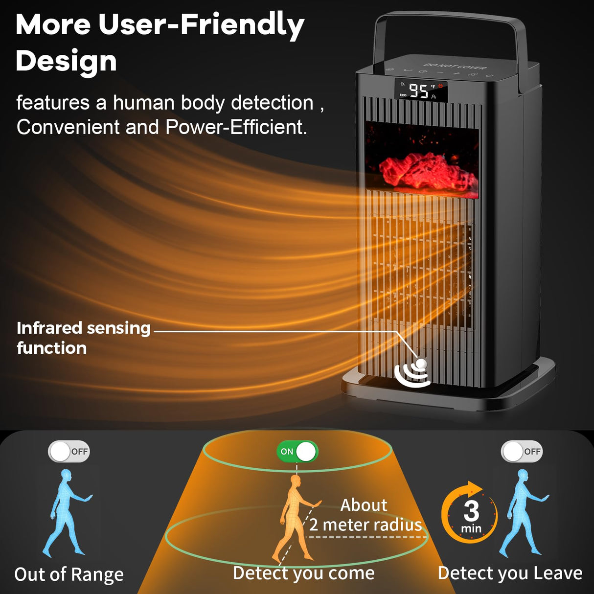 Space Heater with Infrared Sensor,Fireplace Flame Effect,1500W Oscillating Electric Ceramic Room Heater,Mini Fast Heating for Indoor Use,Bedroom,Office Room,Desk,Garage Verminget