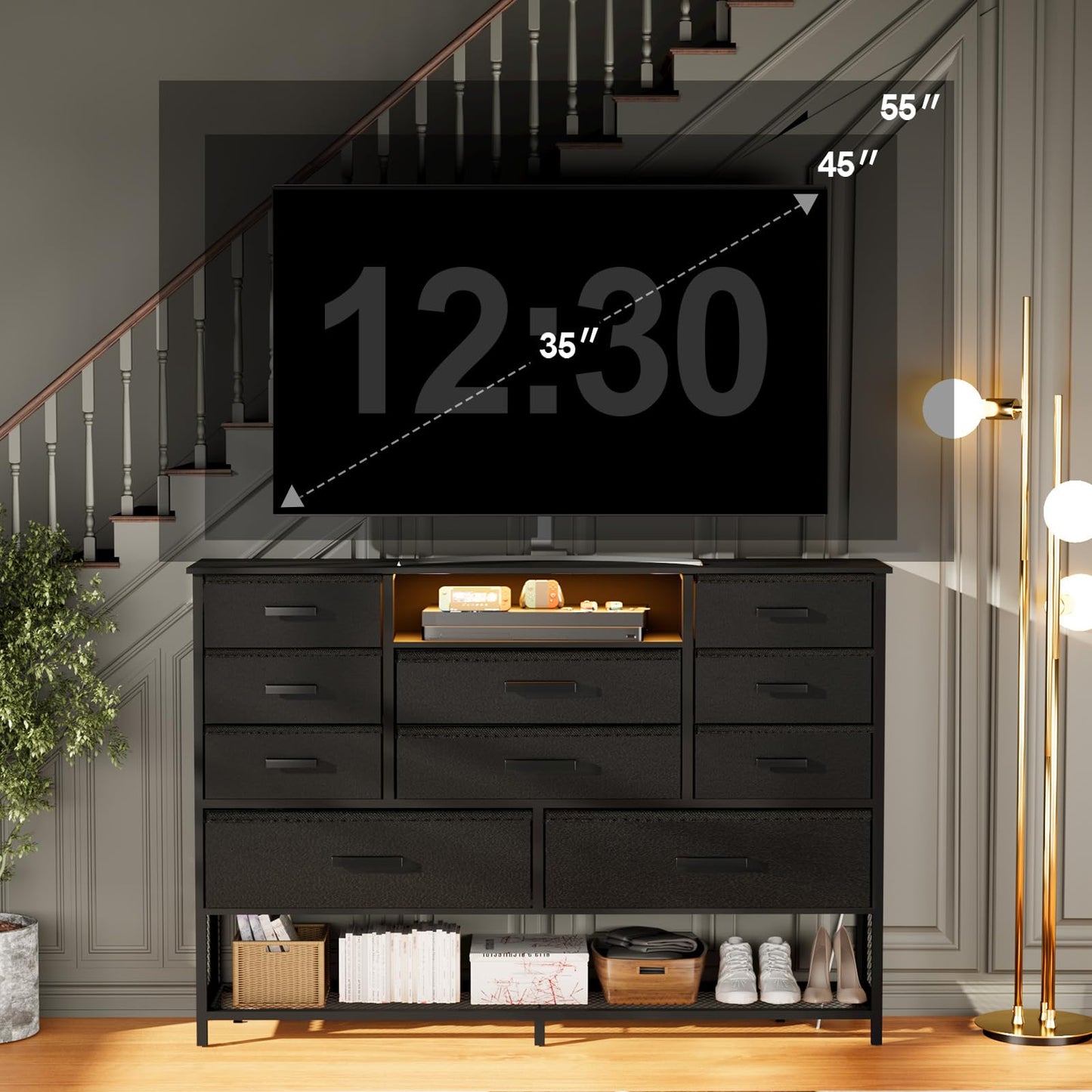 Harpaq Black Dresser for Bedroom with 10 Drawers, Dresser with Charging Station, TV Stand Dresser with LED Light for 55" TV, Fabric Drawer Dresser with PU Finish, Dresser with Shelves for Closet