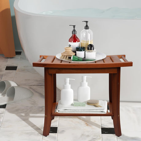 Teak Shower Bench,22'' Solid Wood Shower Stool with Storage Shelf & Handle,Waterproof Shower Bench Seat for Bathroom, Indoor & Outdoor Use Graceware