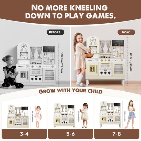 EDUBEBO Kids Kitchen playset, Wooden Play Kitchen, Height Adjustable, Comes with Various Kitchen Accessories, Ideal Role Play Toy Gift for Toddlers and Kids Ages 3-8 (White) EDUBEBO