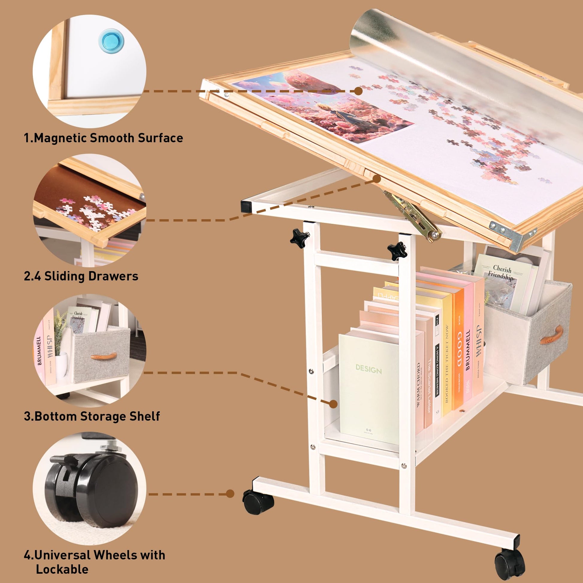 Mifuro 1500 PCS Puzzle Table/w Built-in Whiteboard， 26"x35" Height Adjustable Jigsaw Wooden Puzzle Board with Drawers and Wheels，5-Tilting-Angle Enclosed Jigsaw Puzzle Desk for Adults，White - WoodArtSupply