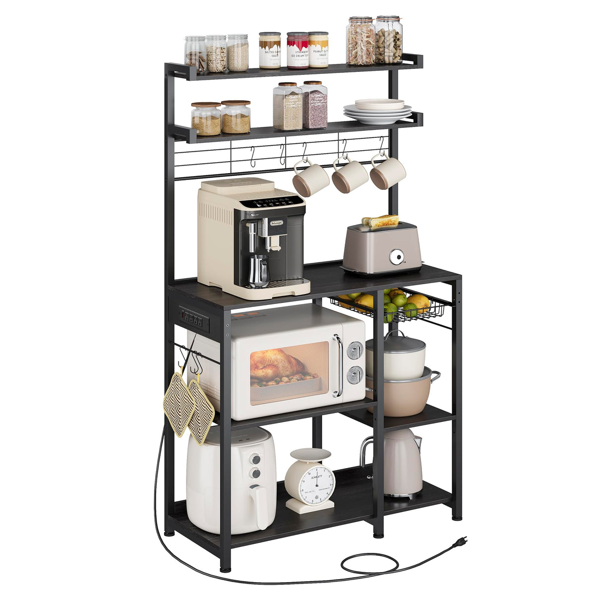 VASAGLE Bakers Rack with Power Outlet, 35.4 Inches Microwave Stand, Coffee Bar, 4 AC Outlets, with Adjustable Shelves, 8 S-Hooks, Basket, Spice Racks, Charcoal Gray and Ink Black UKKS031B22 VASAGLE