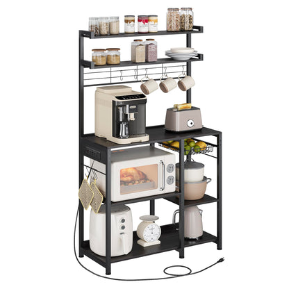 VASAGLE Bakers Rack with Power Outlet, 35.4 Inches Microwave Stand, Coffee Bar, 4 AC Outlets, with Adjustable Shelves, 8 S-Hooks, Basket, Spice Racks, Charcoal Gray and Ink Black UKKS031B22