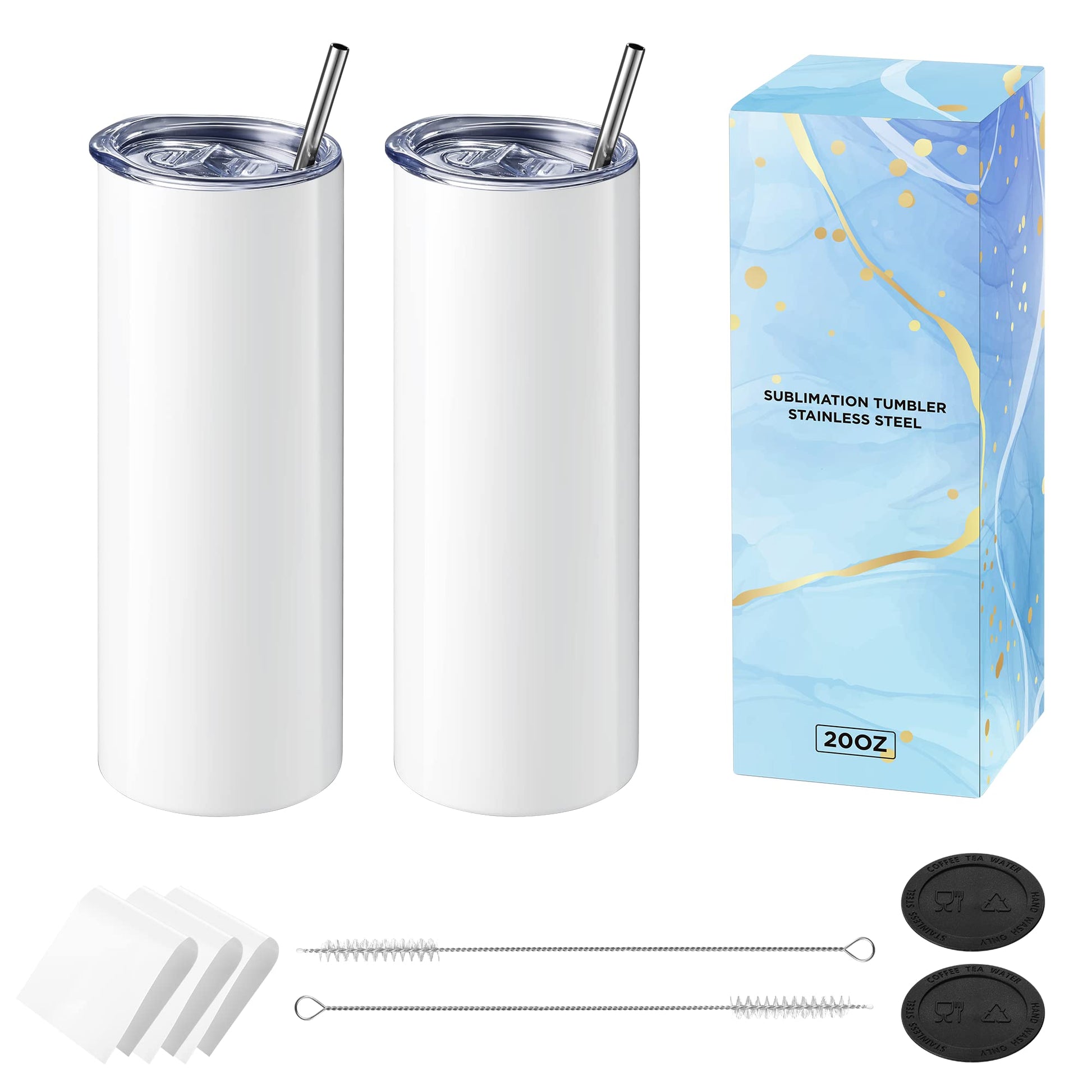 Hiipoo 2 Pack Sublimation Tumblers Bulk 20 oz Skinny, Stainless Steel Double Wall Insulated Straight Sublimation Blanks tumbler Blank White cup with heat transfer - WoodArtSupply