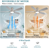 JSAITEE Ceiling Fans with Lights, 52 Inch Low Profile Ceiling Fan with Light and Remote Control, Flush Mount, DC Reversible Motor, Noiseless, Nickel 6 Speeds Ceiling Fan for Bedroom JSAITEE