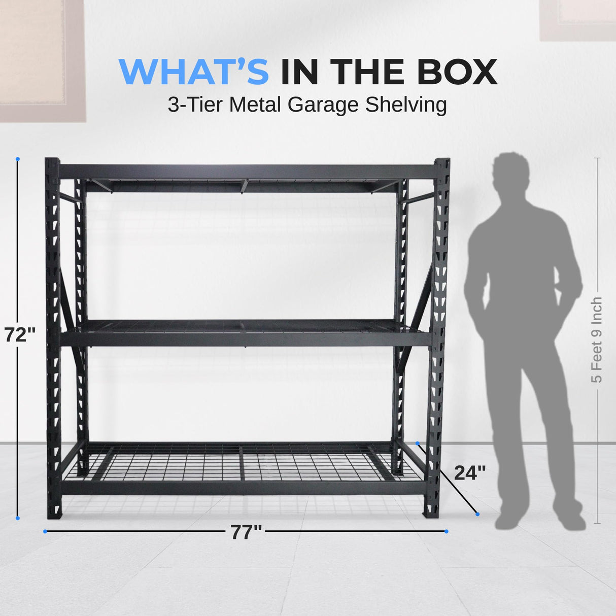 SereneLife Heavy Duty 3-Tier Metal Garage Shelving | 24" x 77" x 72" Extra Wide Adjustable Storage Utility | Freestanding Bulk Storage Rack | Open Wire Mesh Design | 2000 lbs. Capacity SereneLife