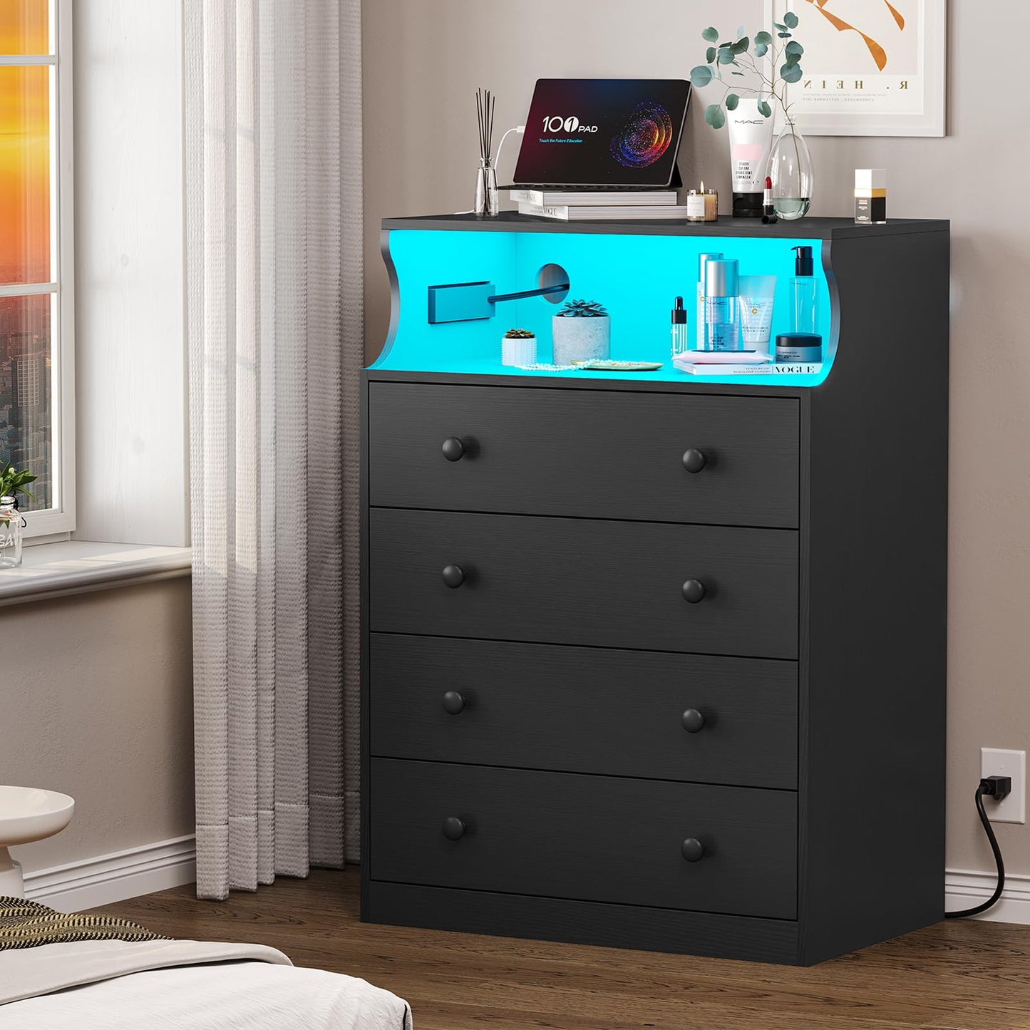 Hasuit Black Dresser with Charging Station, 4 Drawers LED Dresser for Bedroom, Chest of Drawers with Open Space, Large Capacity Tall Storage Cabinet, Black Dresser for Bedroom - WoodArtSupply