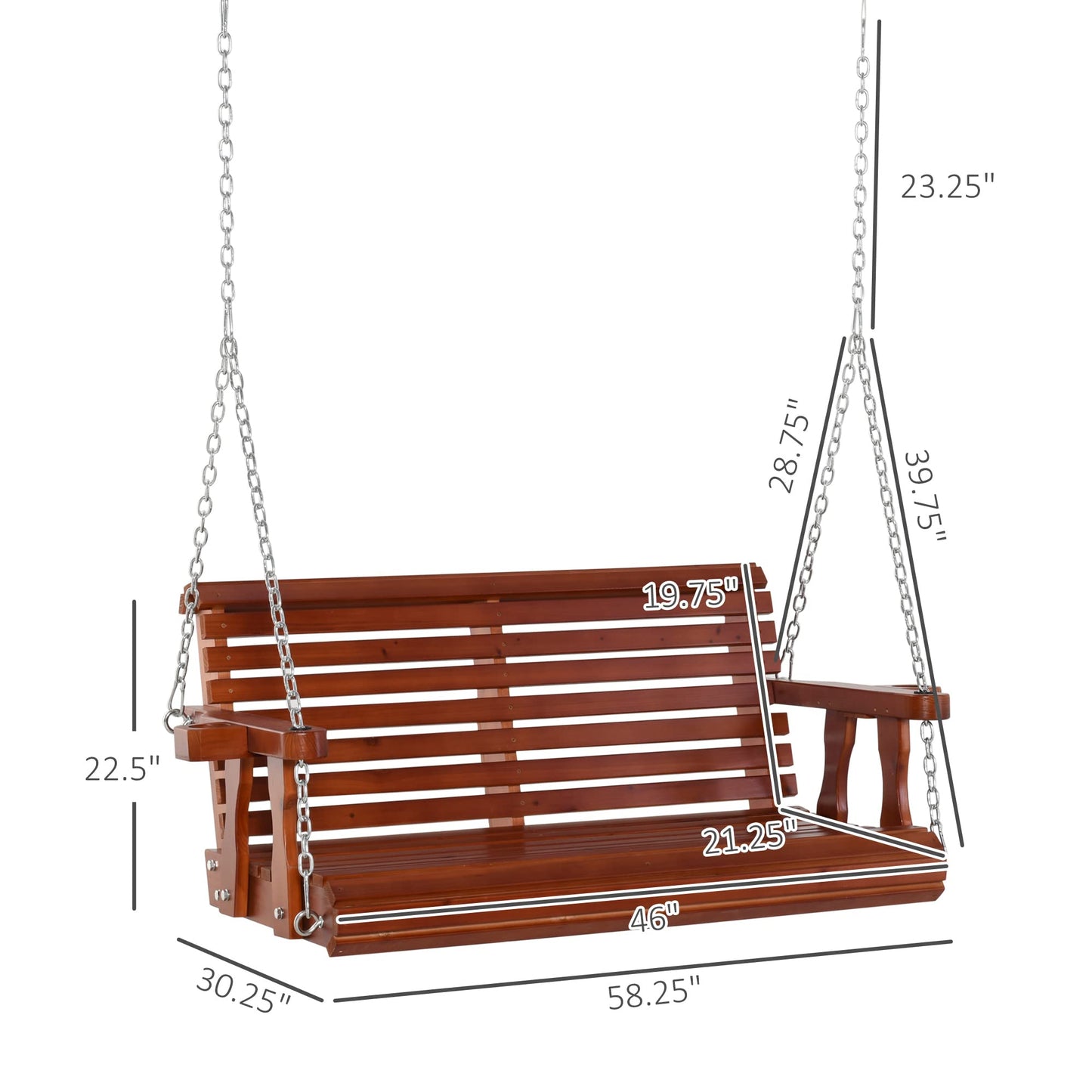 Outsunny Porch Swing with Chains and Cupholders, 2 Person Wooden Patio Swing Chair, 440 lbs. Weight Capacity, for Garden, Poolside, Backyard, Brown - WoodArtSupply