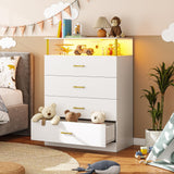 AOGLLATI White Dresser for Bedroom with Column Design, 4 Drawer Dresser with Charging Station, Modern Bedroom Led Tall Dresser for Bedroom Closet AOGLLATI