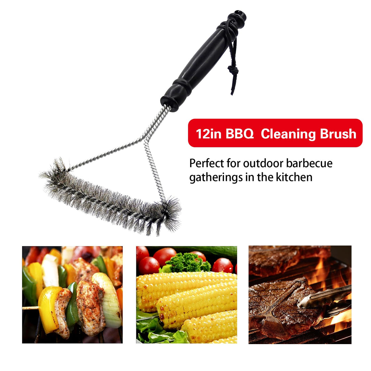 12 in Long Handle Barbecue Brush, BBQ Brush, Stainless Steel Brush Head, Barbecue Cleaning Brush with Lanyard, Suitable for All Kinds of Metal, Porcelain, Infrared Barbecue Grill WAKCHOU