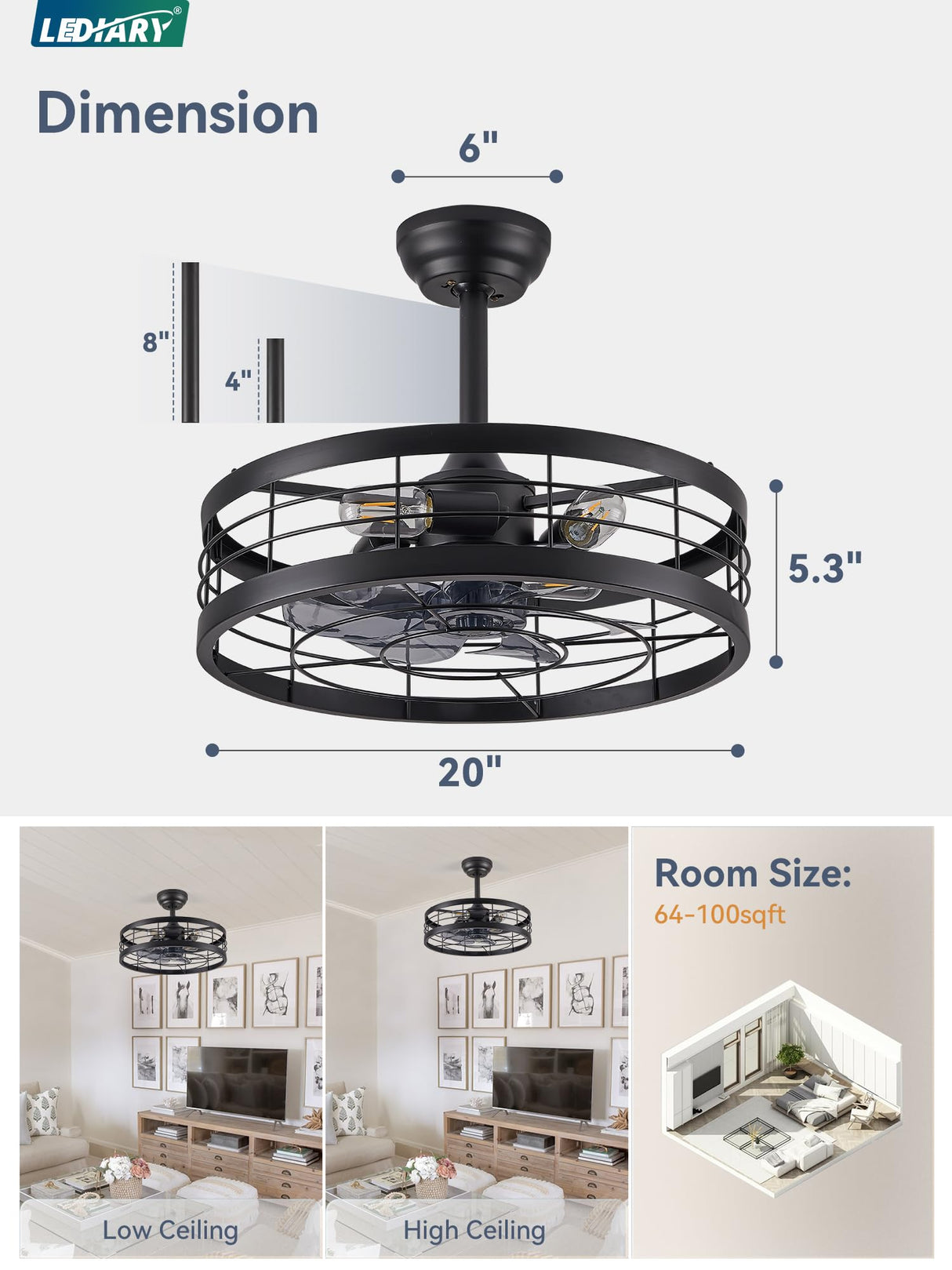 LEDIARY 20 inch Fandelier Caged Ceiling Fan with Light, Bladeless Ceiling Fan with Remote, Farmhouse Fan Lights Ceiling Fixtures for Kitchen, Bedroom, Outdoor(6 Speed, Timing)-Black LEDIARY