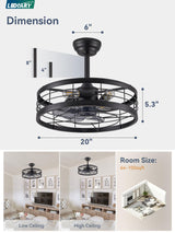 LEDIARY 20 inch Fandelier Caged Ceiling Fan with Light, Bladeless Ceiling Fan with Remote, Farmhouse Fan Lights Ceiling Fixtures for Kitchen, Bedroom, Outdoor(6 Speed, Timing)-Black LEDIARY