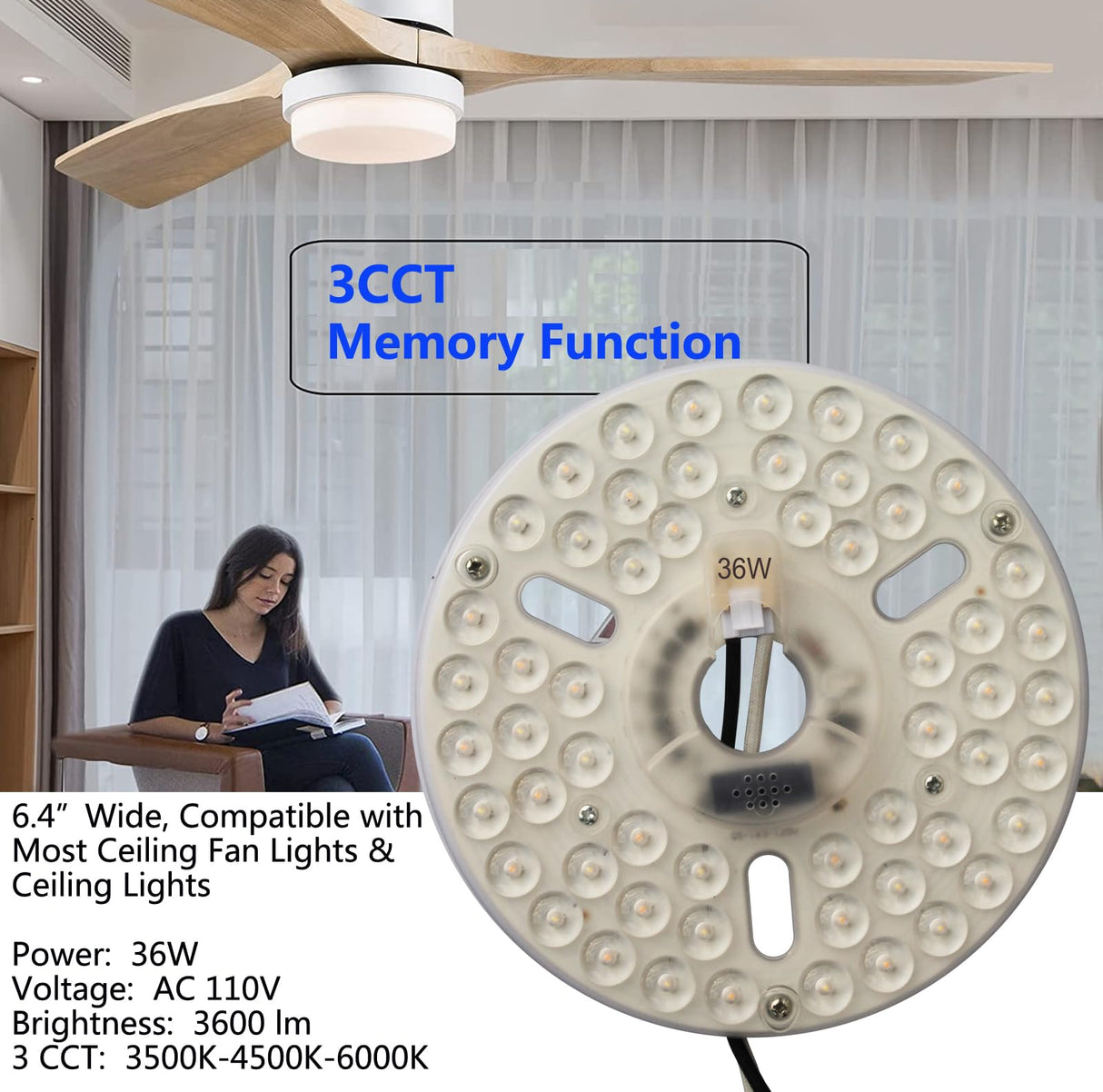 36W 6.4" LED Ceiling Fan Light Kit - Replacement LED Light Board Panel with 3 Color Temperature Memory Function OLYMSTAR