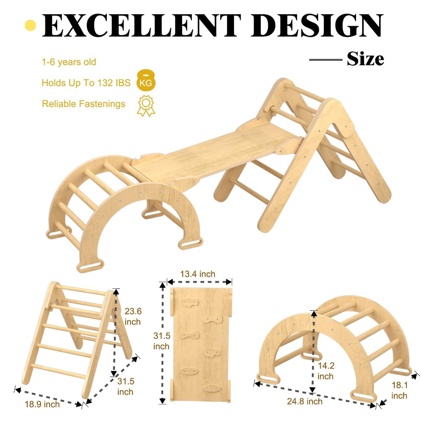 Qifeila Pikler Triangle Set - Montessori Wooden Climbing Gym for Toddlers 1-3 - Indoor Jungle Gym for Kids - 3-Piece Pickler Climbing Set