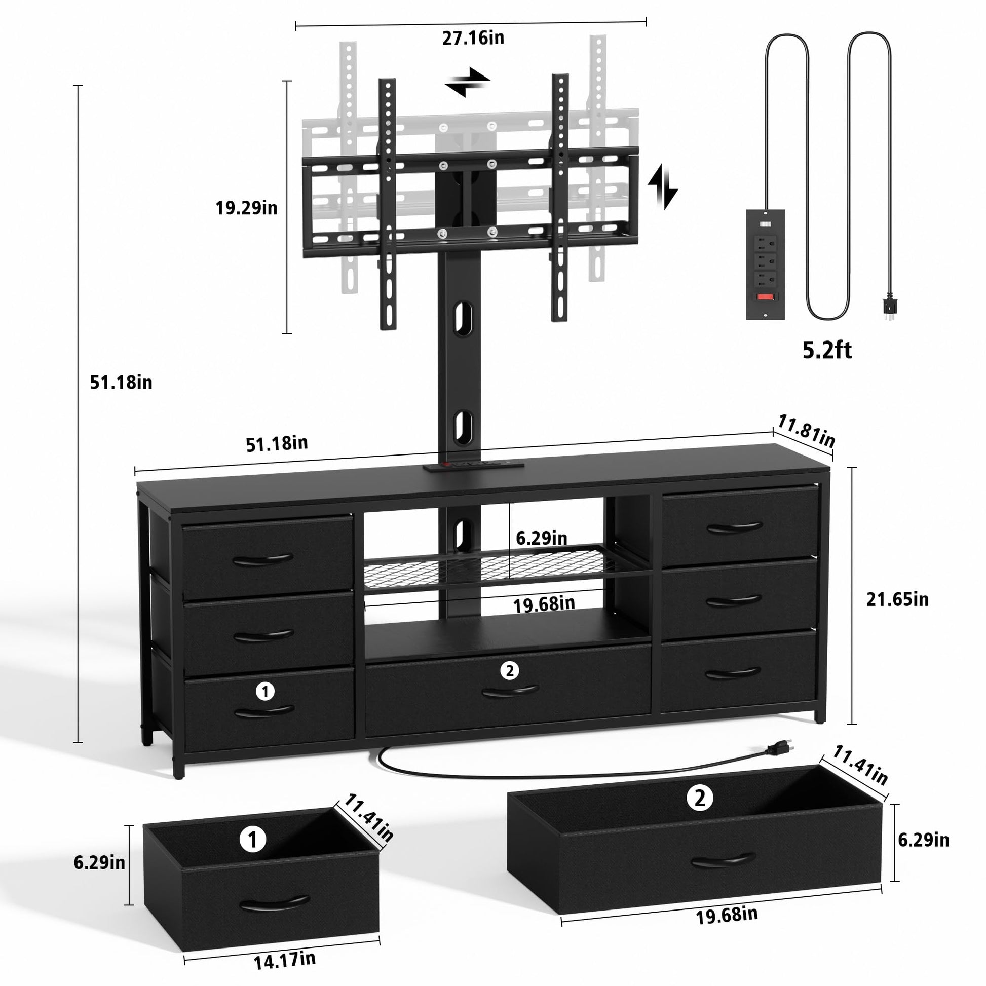 TV Stand with Mount and 7 Fabric Drawers, Led Entertainment Center with Power Outlets for 32 45 55 60 65 70 inch TVs, Black Dresser with Open Shelves Media Console Cabinet for Living Room Bed - WoodArtSupply